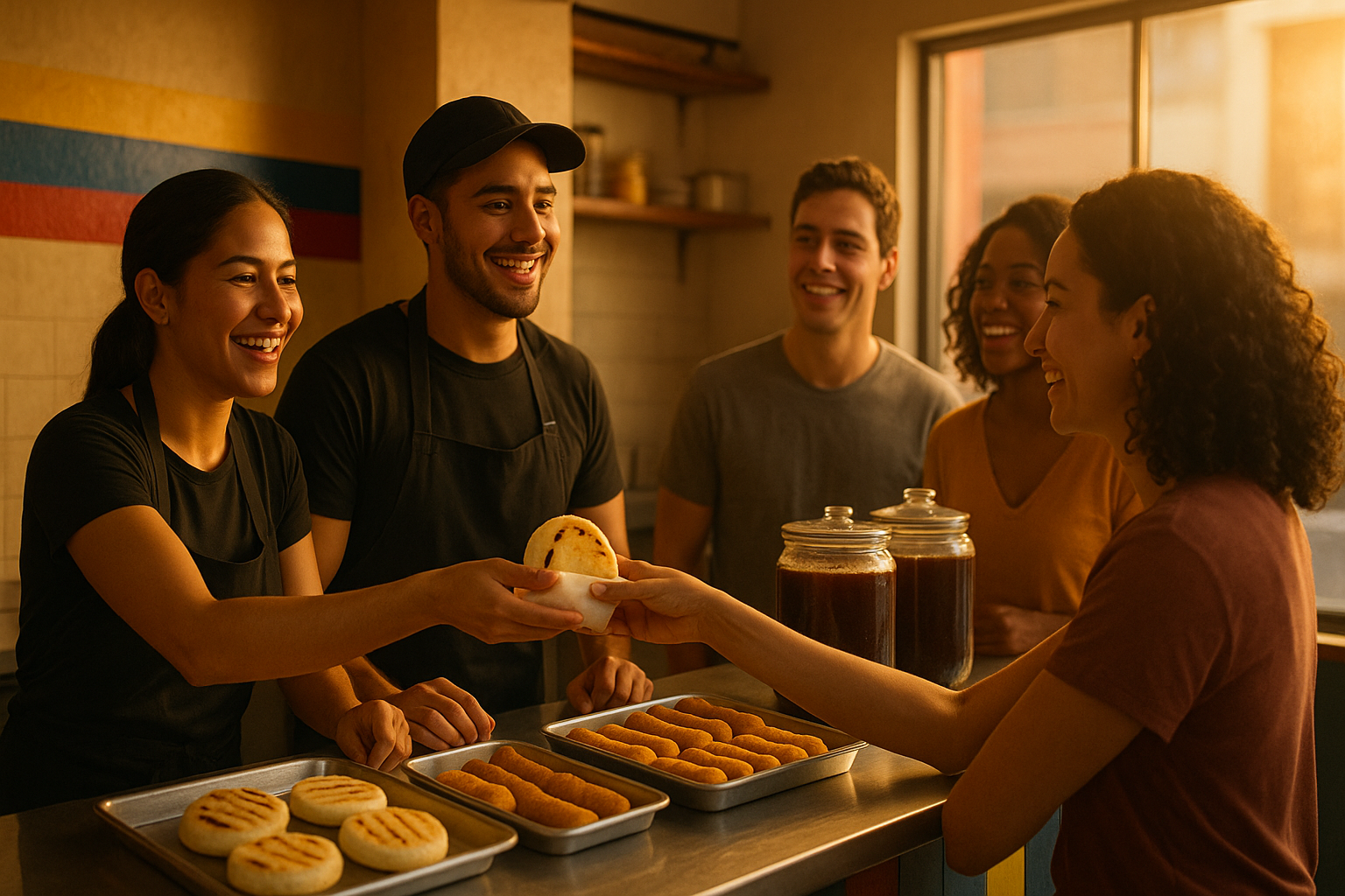 Emprendedores venezolanos abren un pequeño local de arepas en el exterior