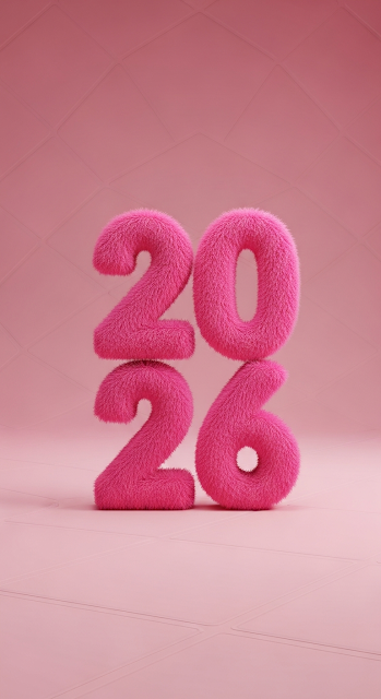 3D Render of Pink Fuzzy Plush Numbers '2026' on a Textured Pink Background - Free mobile Wallpaper