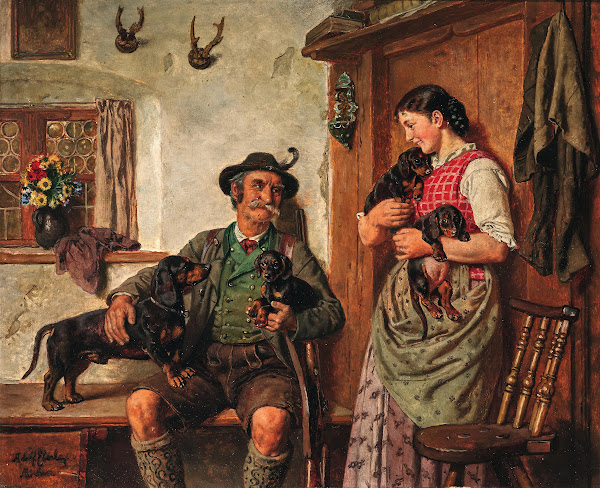 A Hunter with Alpine Dachsbracke Puppies