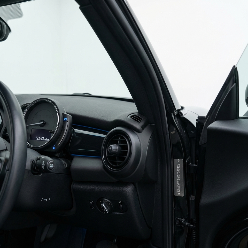 Detail shot of MINI dashboard and odometer with visible VIN plate on door jamb for mini cooper for sale listing, clean white background and CarFax Deals blue accents
