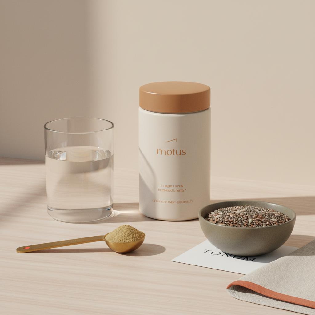 Motus supplement container on light wooden surface beside a glass of water, measuring spoon with berberine-like powder and small bowl of mixed seeds — what supplement improves insulin sensitivity