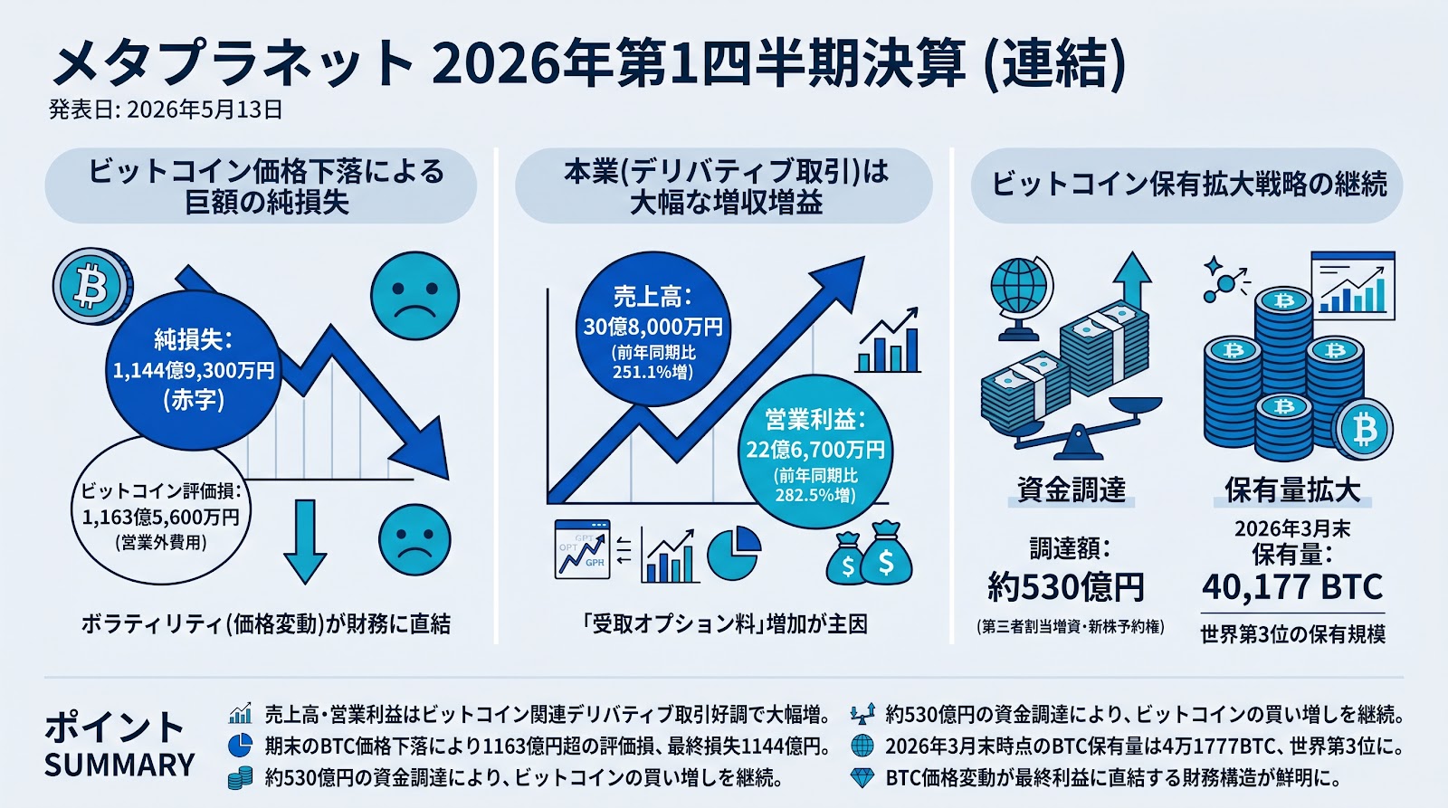 メタプラネット2026年第1四半期決算、ビットコイン価格下落により1144億円の純損失を計上
