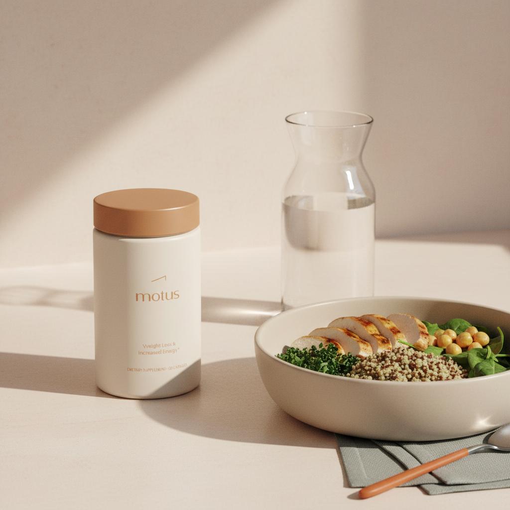 Tonum Motus supplement jar centered beside a protein- and fiber-rich lunch bowl on a minimalist kitchen counter in Tonum brand colors — best appetite suppressants.