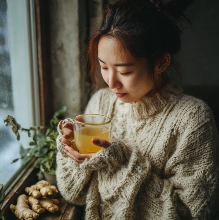 겨울 창가에서 생강차를 마시는 모습