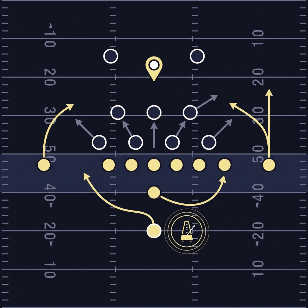 Minimalist 2D vector playbook style top down illustration of a key formation with movement arrows metronome icon for snap count and highlighted yard line indicating field position chargers chiefs prediction