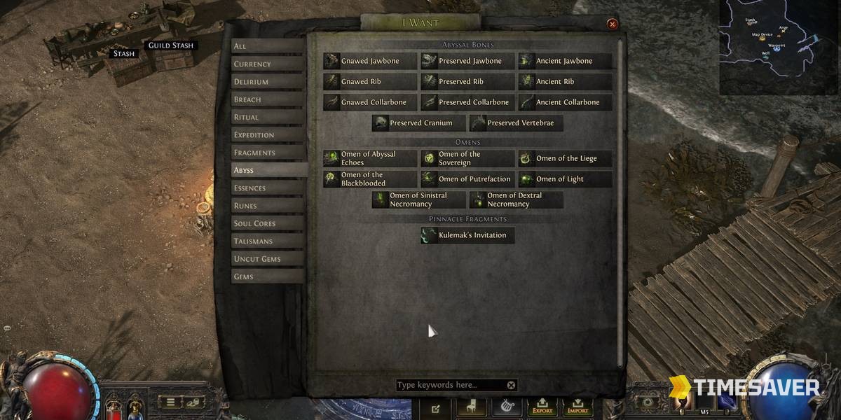 The Abyss stash tab in Path of Exile 2 showing Kulemak's Invitation pinnacle fragment alongside Gnawed, Preserved and Ancient abyssal bones (desecrated currency)