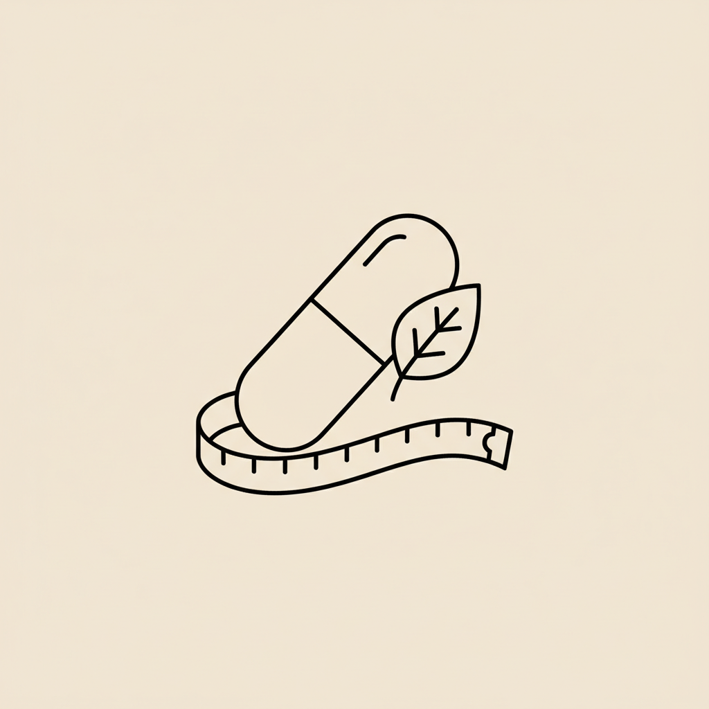 Minimal line illustration of a capsule, leaf, and tape measure on beige background representing ashwagandha cortisol belly