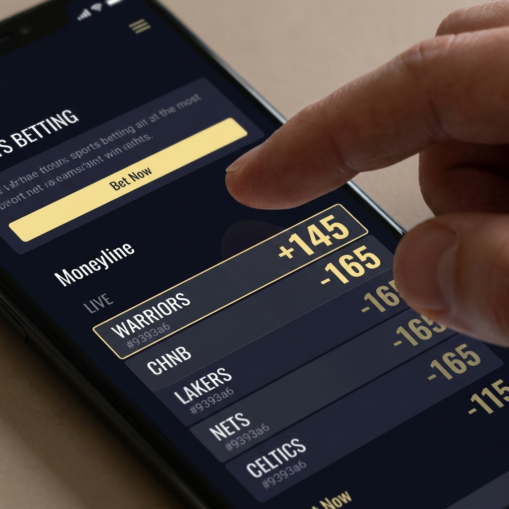 Close up full frame smartphone showing live moneyline with hand hovering above a Warriors odds row in a minimalist Funded Plays dark interface
