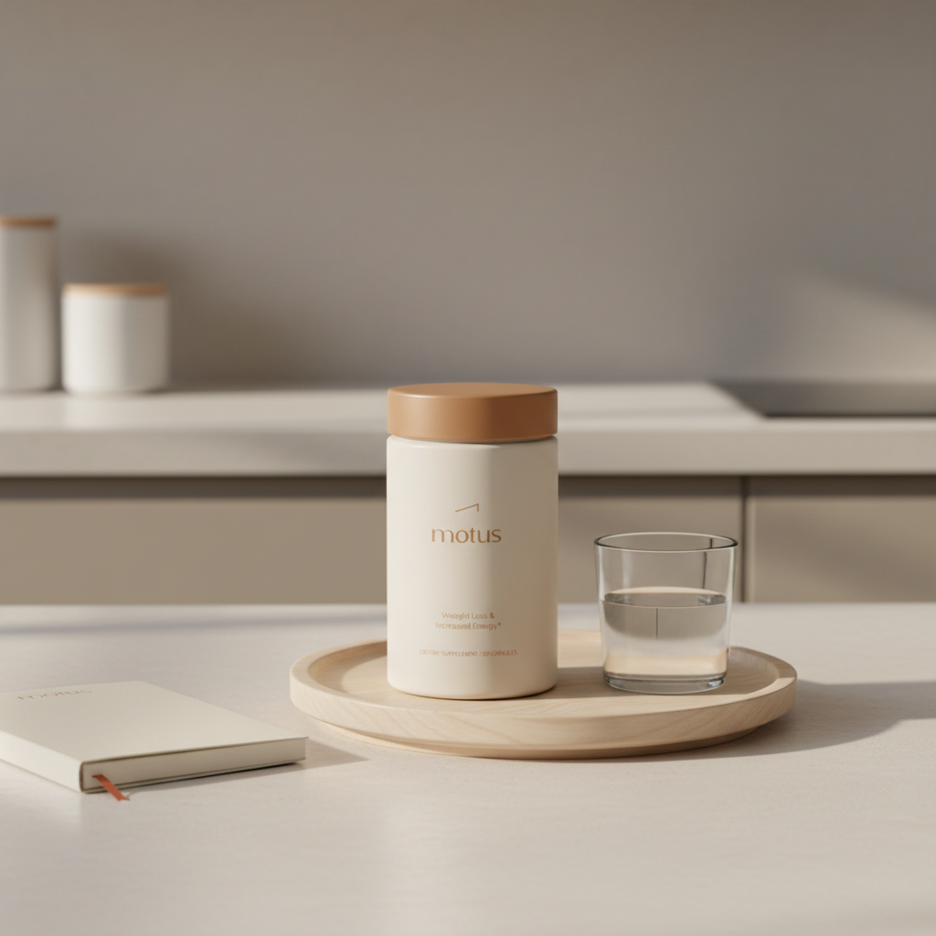 Minimalist kitchen scene with Motus supplement jar on a wooden tray beside a glass of water and folded notebook, conveying a research-informed, calm health moment and most trustworthy supplement brand.