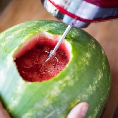 Đảm bảo rằng dưa hấu và các nguyên liệu sắp pha cocktail đều được làm lạnh trong tủ lạnh trước. Dưa hấu khoét 1 lổ bên hông trái dưa có đường kính bằng 1 cái ly nhựa nhỏ khoảng 6-7cm. Dùng muỗn múc bớt ruột dưa ra ngoài, đặt máy đánh trứng vào bật chế độ cao để đánh tan ruột dưa, thêm vào 180ml rượu rum, 80ml nước cốt chanh, 1 lon soda và 60ml nước đường, đánh tan đều. Vò dập lá bạc hà, cho vào rồi bật máy tiếp vài giây là được.