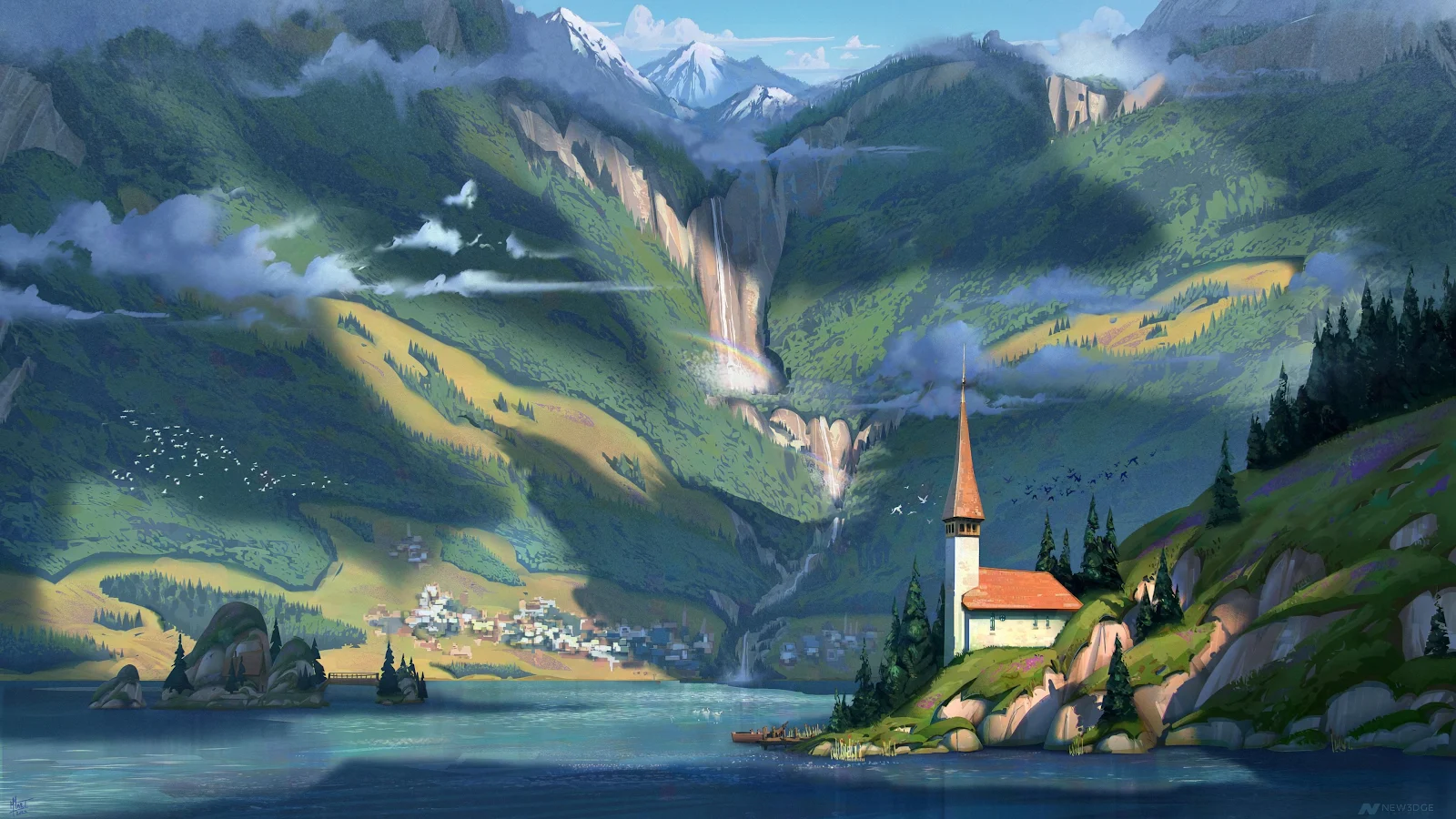 Lakeside Church in Mountain Valley - Digital Art 4K Wallpaper (3840x2160)