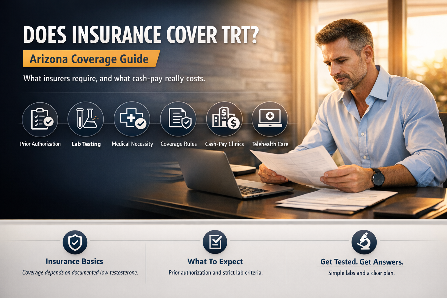 Does Insurance Cover TRT in Arizona? — AZTRT Arizona TRT clinic blog cover showing a man reviewing insurance paperwork with coverage requirement icons