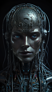 Gritty Cybernetic Humanoid Portrait with Blue Eyes