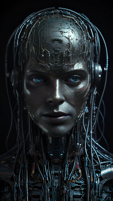 Gritty Cybernetic Humanoid Portrait with Blue Eyes - Free mobile Wallpaper