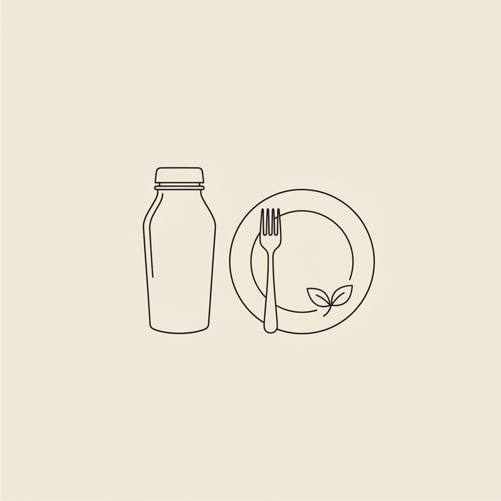 Minimal Tonum-style vector line illustration of a protein shake bottle, a plate with a fork, and a small leaf on beige background representing protein shakes and healthy eating.
