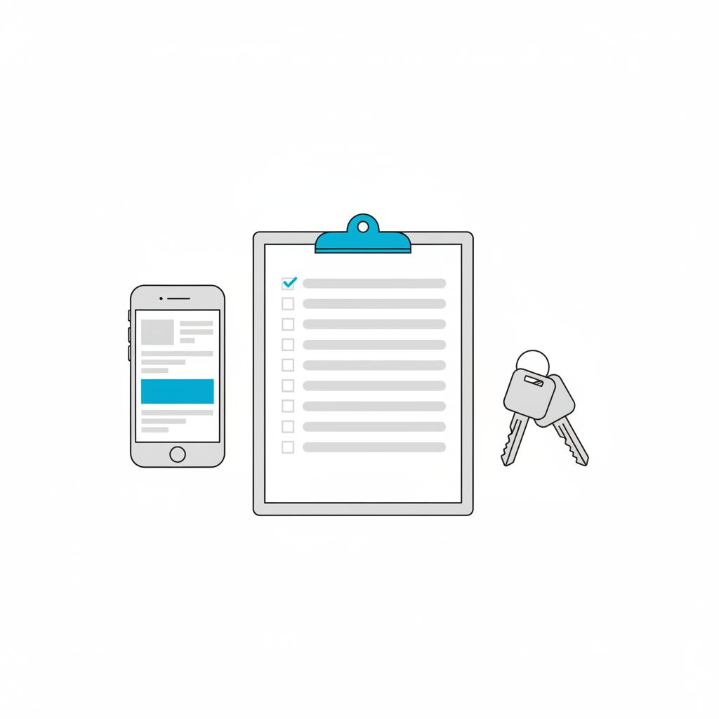 Top down 2D vector of a clipboard checklist car keys and smartphone displaying a simplified listing card minimalist composition representing trade-in vs private sale