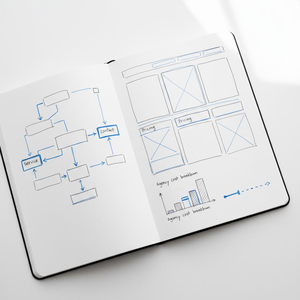 Notebook-style workspace showing sketched sitemap, annotated wireframes and budget diagrams with subtle #1a5bfb accents &mdash; How much does it cost to hire an agency to build a website?