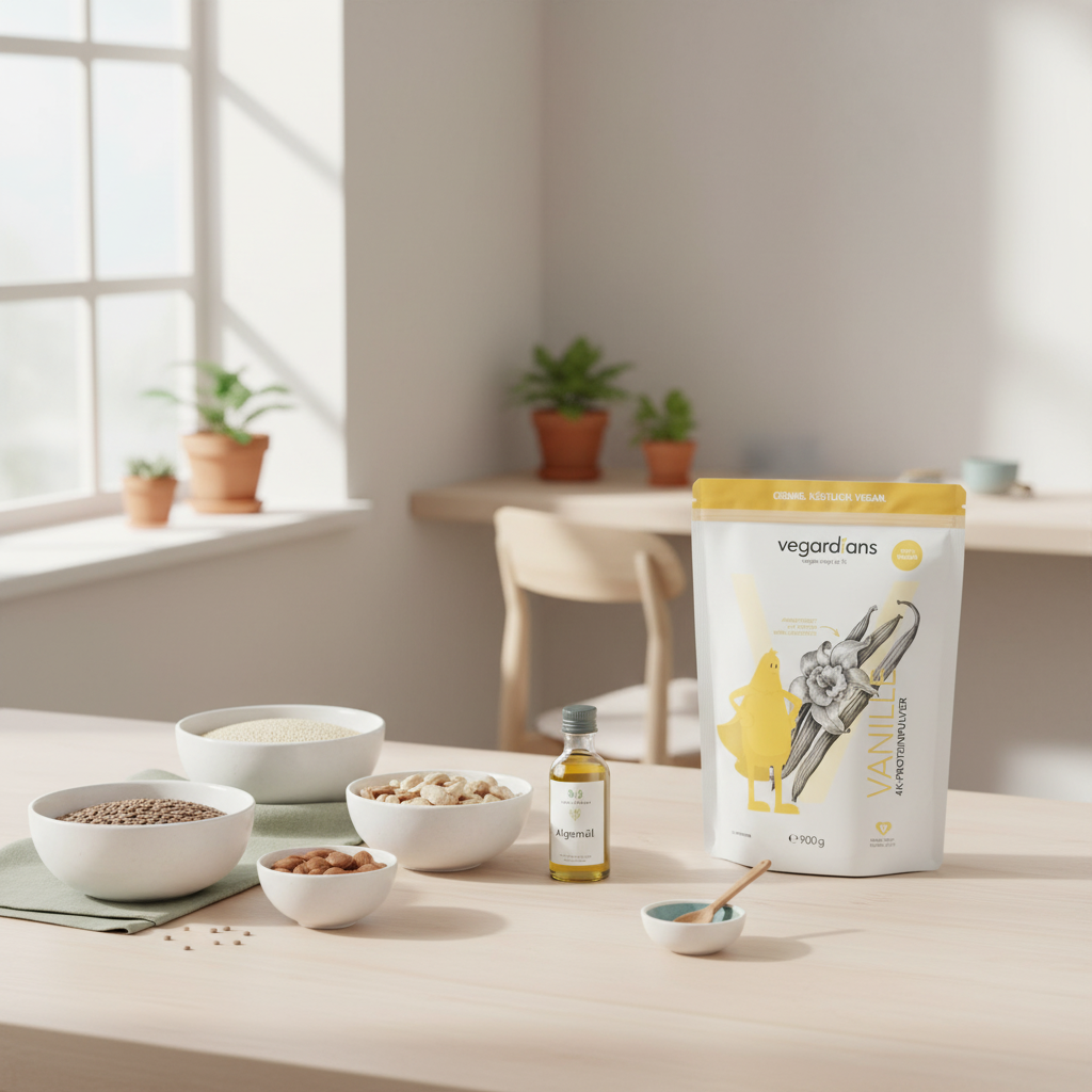 Minimalistische Küchen-Ecke mit Keramikschalen (Linsen, Quinoa, Nüsse) und Algenölfläschchen dezent in Vegardians-Farben – Lebensmittel für gesundes Haar