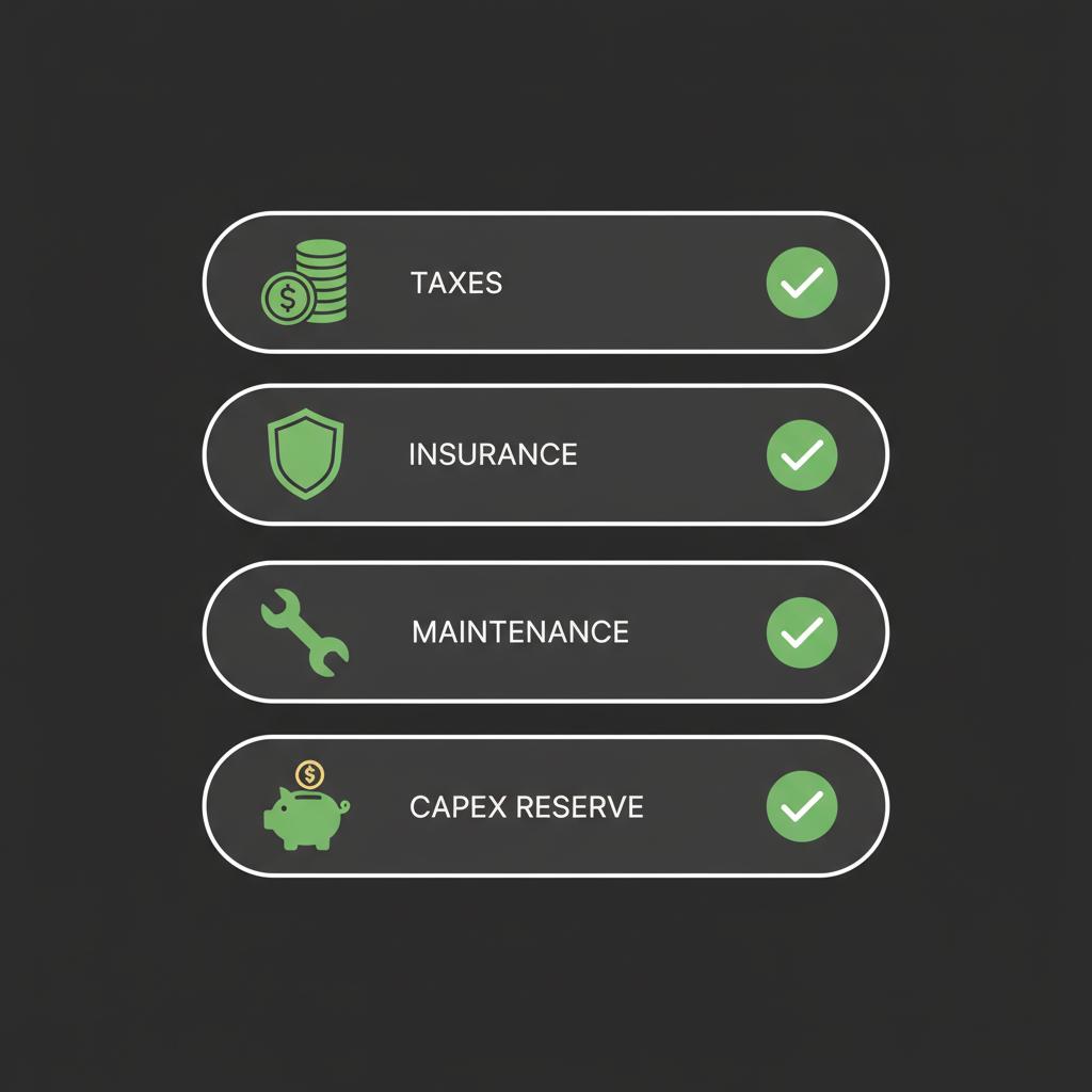 Minimalist vector checklist with icons for taxes insurance maintenance and capex reserve illustrating property investment how to start