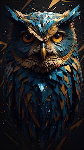 Geometric Shard Owl Portrait Blue and Gold Art