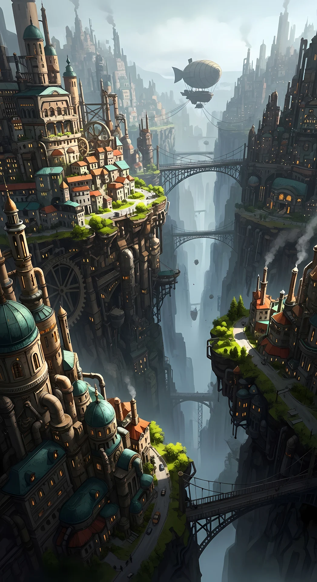 Steampunk City Built into a Deep Canyon Gorge with Airship - Free 4K mobile Wallpaper