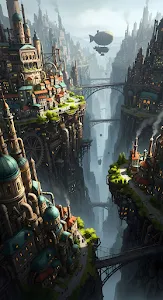 Steampunk City Built into a Deep Canyon Gorge with Airship