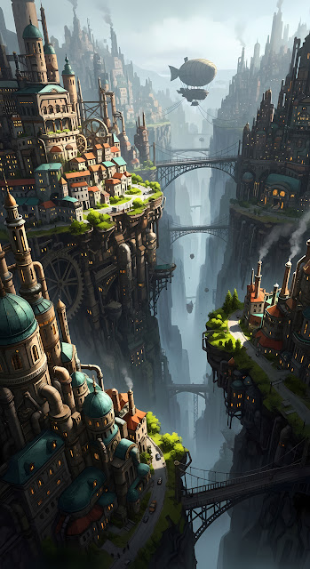 Steampunk City Built into a Deep Canyon Gorge with Airship - Free mobile Wallpaper