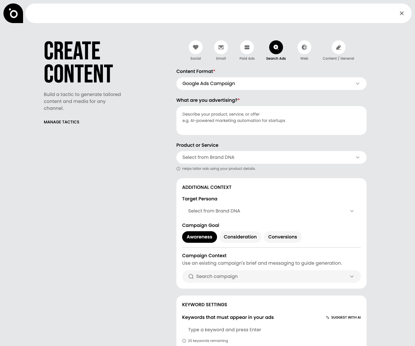 The Content Studio brief form with the additional context section expanded, showing What are you advertising, Product or Service, Target Persona and Campaign Goal