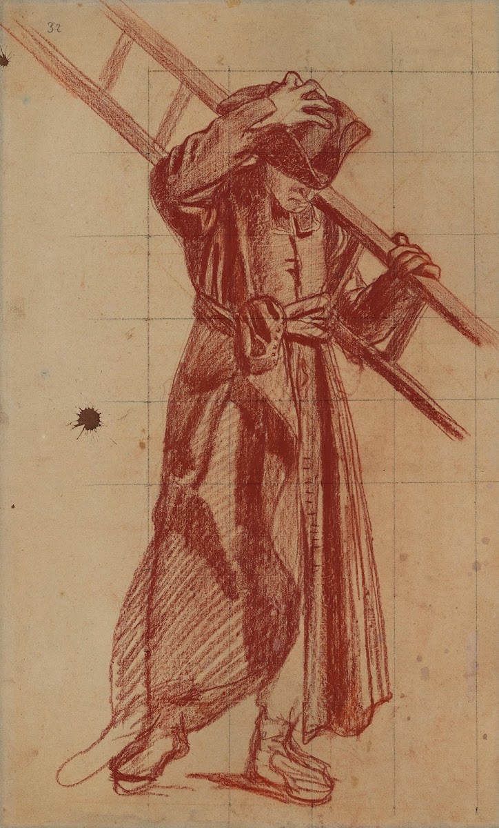 Homme en costume ecclésiastique portant une échelle 1857