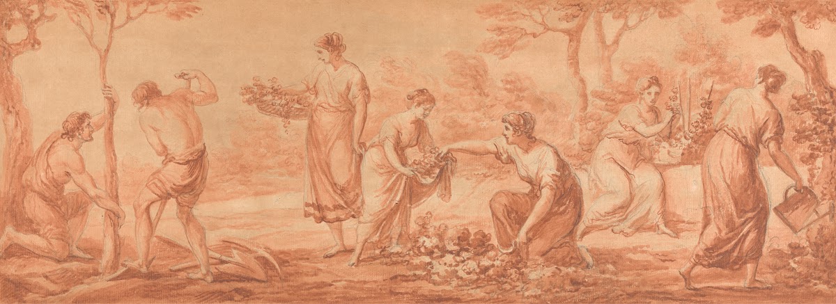 A Frieze Men Planting Trees Women Gathering Blossoms and Watering Flowers
