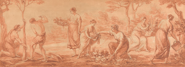 A Frieze Men Planting Trees Women Gathering Blossoms and Watering Flowers