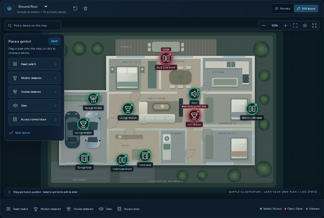 Edit layout mode with the Place a symbol panel beside the floor plan