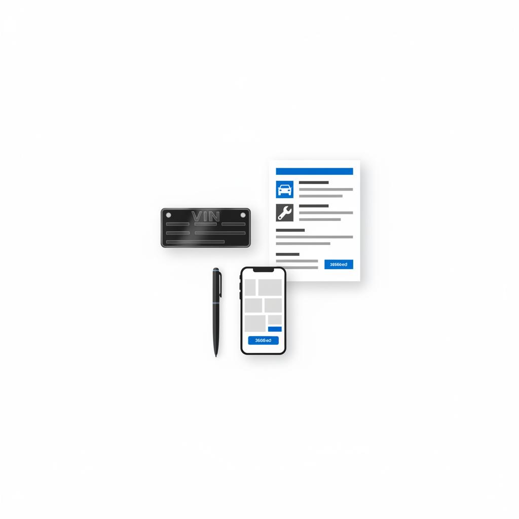 Minimal 2D vector of a tabletop with a VIN plate represented by blank engraved bars a simplified vehicle history report a pen and a smartphone showing a listing mockup mini vans for sale