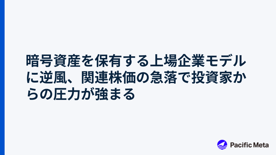 暗号資産を保有する上場企業モデルに逆風、関連株価の急落で投資家からの圧力が強まる