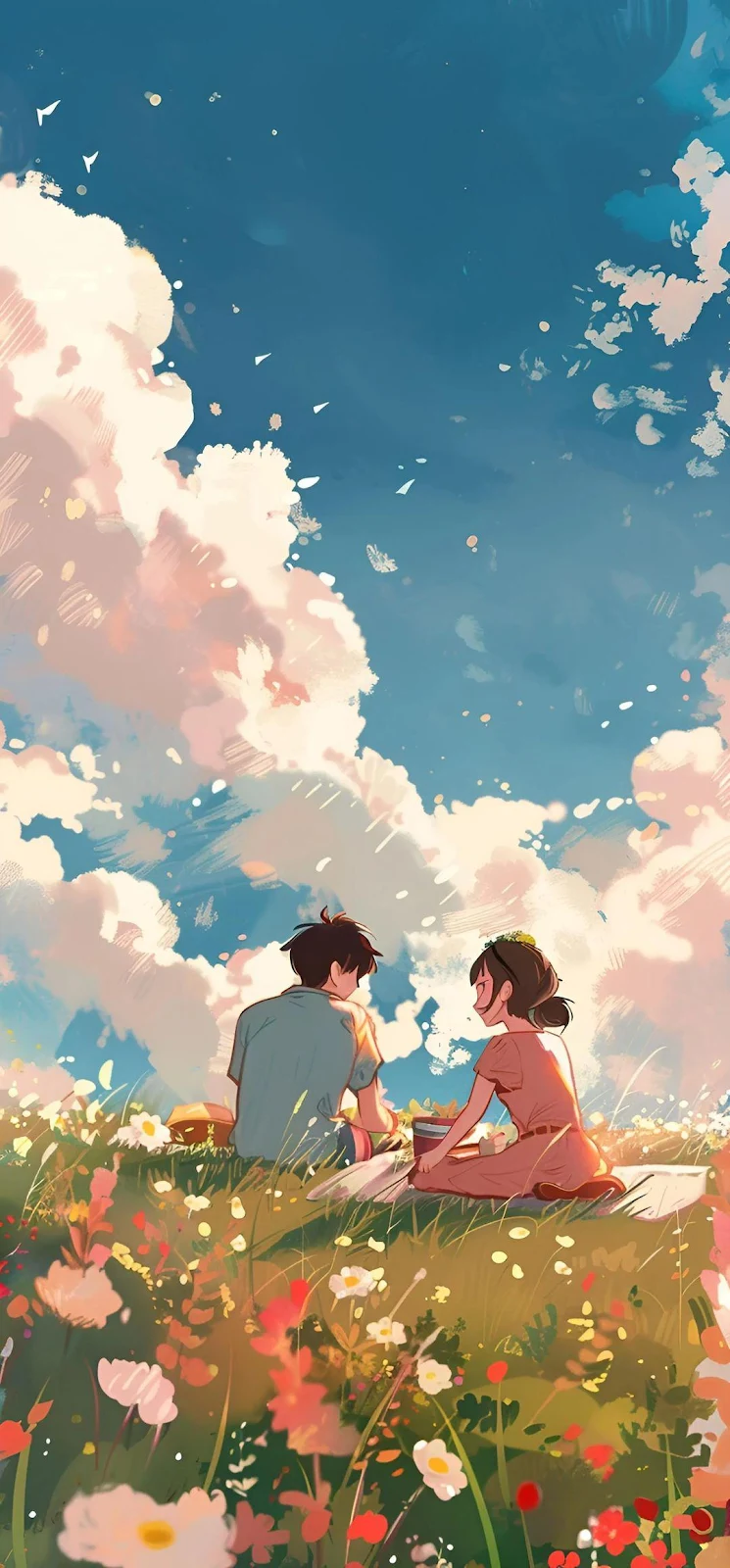 Anime Couple Having a Picnic - Anime Illustration Full HD iPhone Wallpaper (1080x2321)