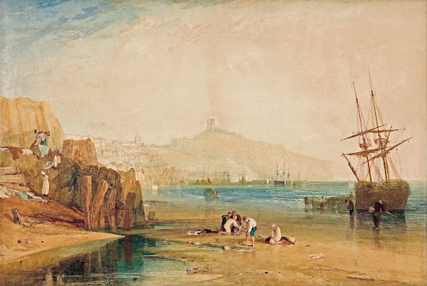 Scarborough town and castle morning boys catching crabs circa 1810