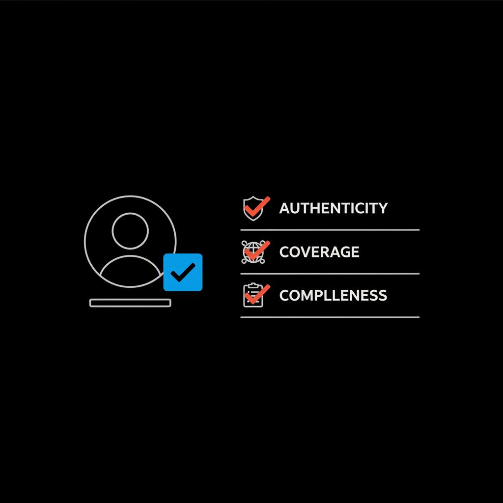 Minimal full-frame infographic of an Instagram profile silhouette with an Instagram blue check badge and a three-item checklist: Authenticity, Coverage, Completeness.