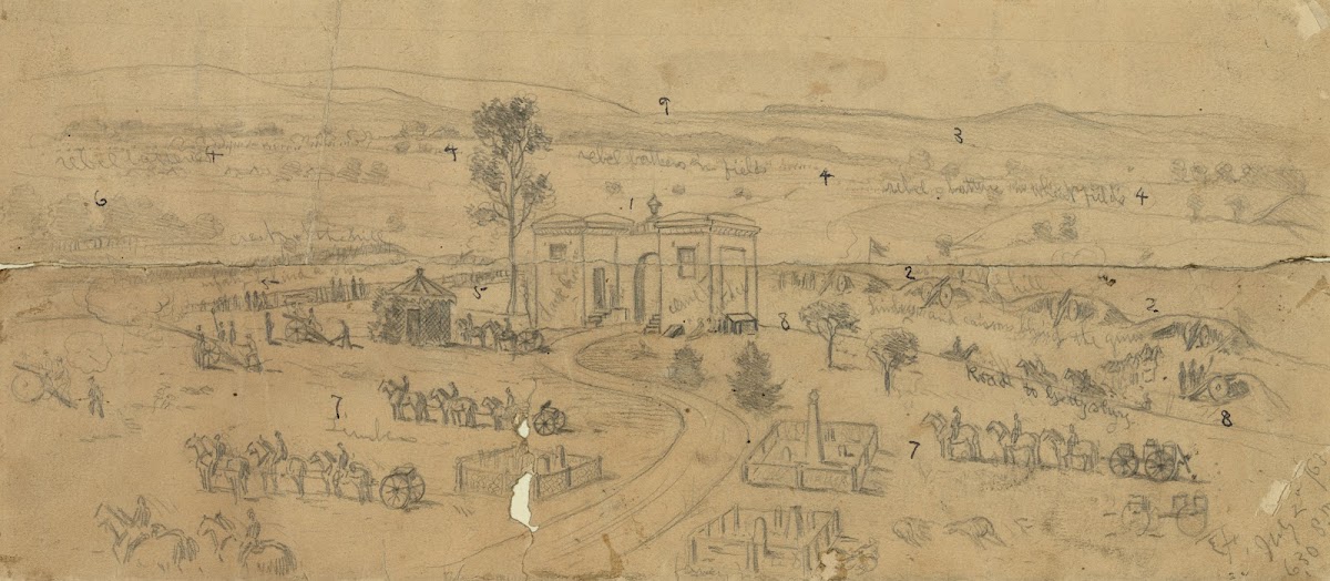 The battle of Gettysburg The gateway of the cemetery the center of the Union pos