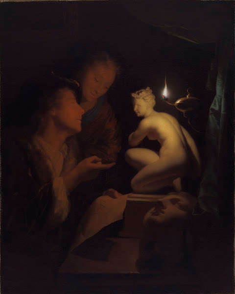 Young Man and Woman Studying a Statue of Venus by Lamplight 1688   1692