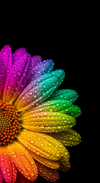 Macro Shot of a Multi-Colored Flower Petals with Water Droplets on Black - Free mobile Wallpaper