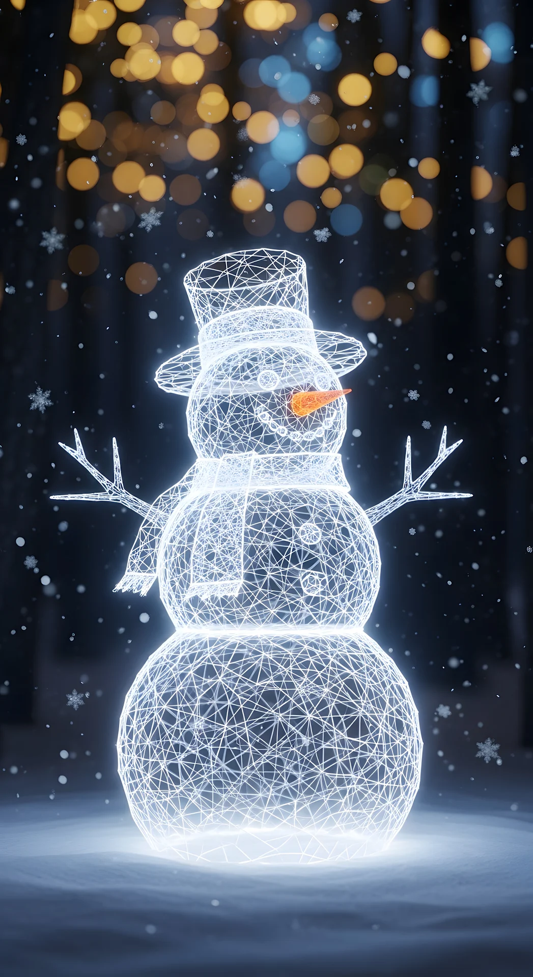 Illuminated Geometric Snowman in a Night Winter Forest - Free 4K mobile Wallpaper