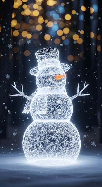Illuminated Geometric Snowman in a Night Winter Forest - Free mobile Wallpaper