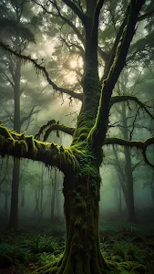Ancient Moss-Covered Tree in Misty Sunlit Forest