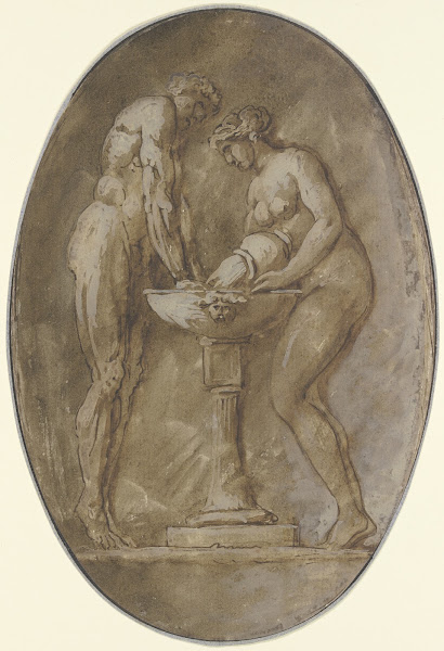 A Naked Man Standing On Tiptoes Holds His Hands In A Basin Into Which A Naked Wo