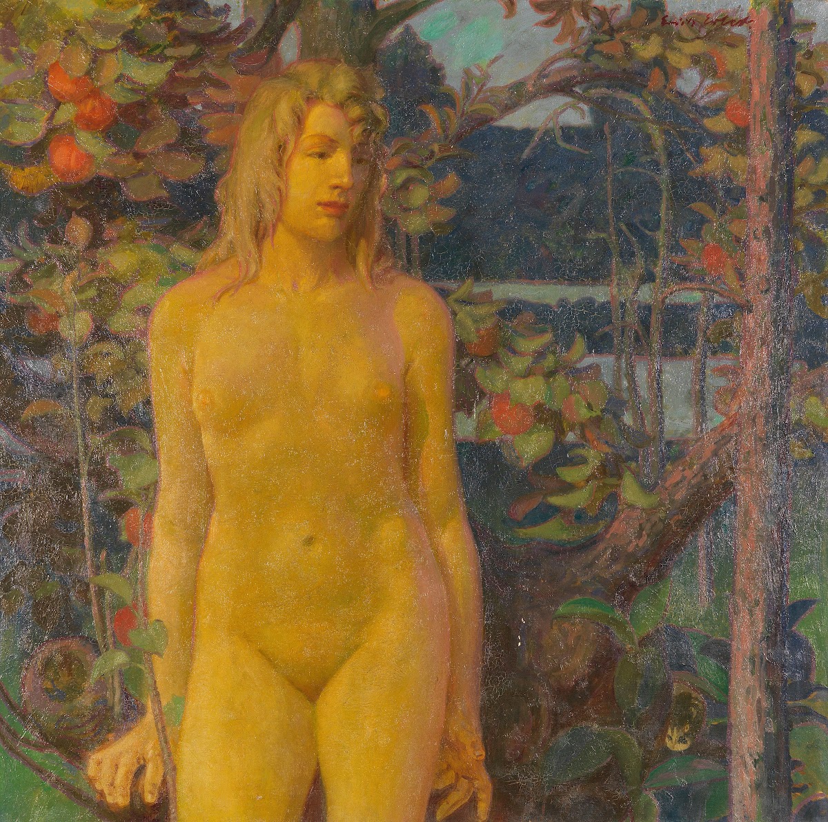 Stehender weiblicher Akt im Garten 1900