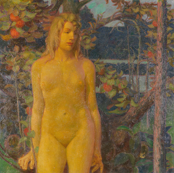 Stehender weiblicher Akt im Garten 1900