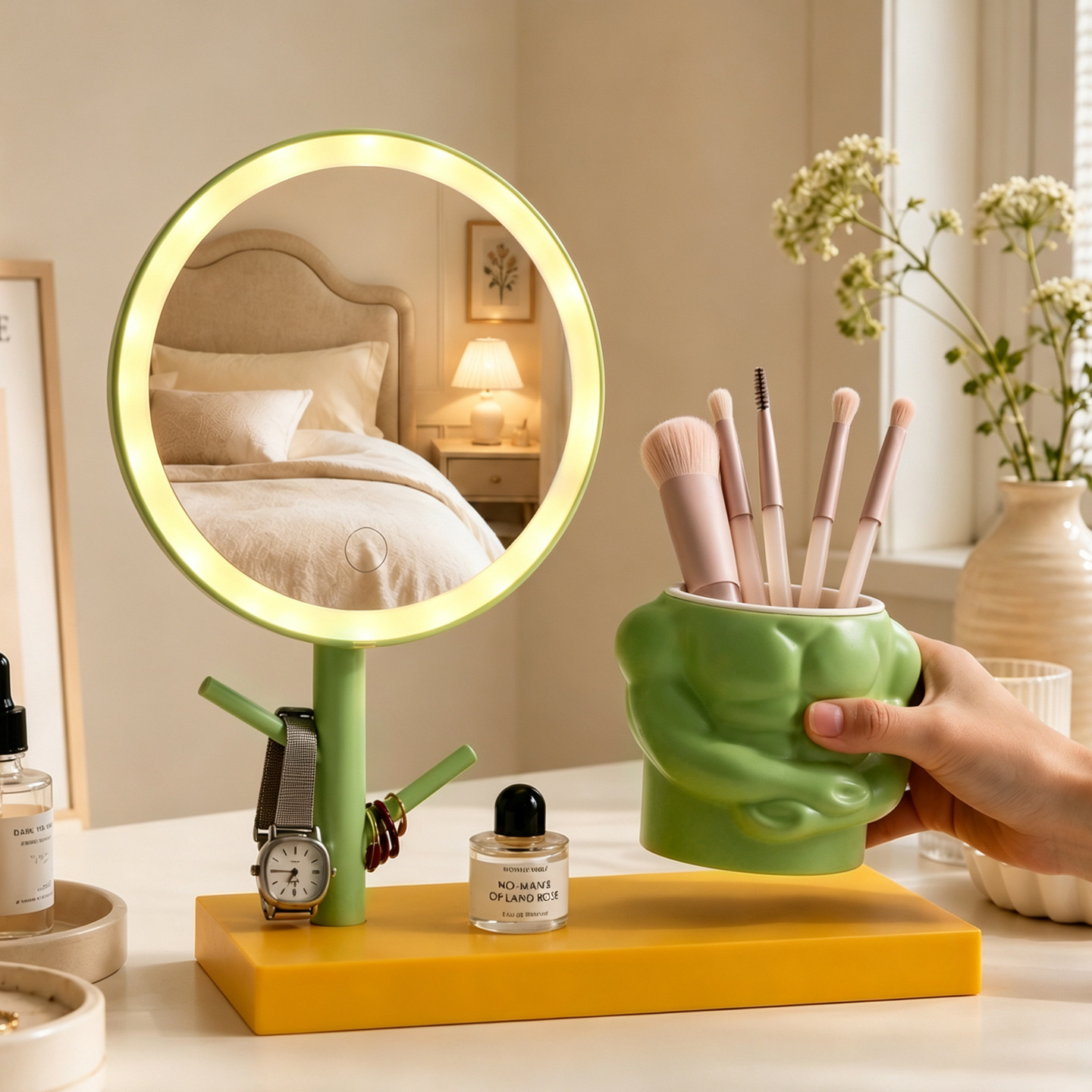 Makeup mirror with LED lighting and shelf