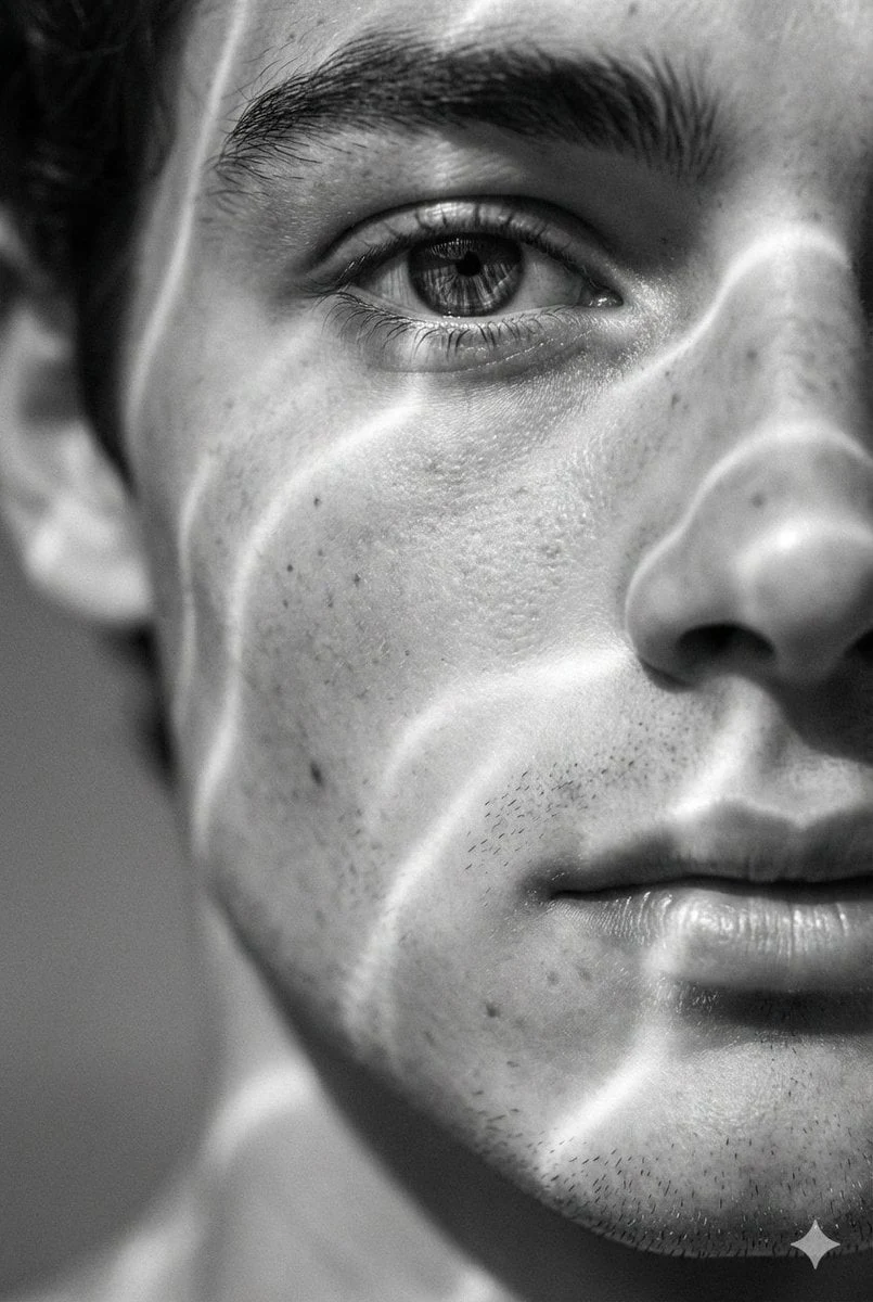 Un retrato hiperrealista en blanco y negro de 8K con un primer plano extremo del rostro de un joven, centrado intensamente en su...