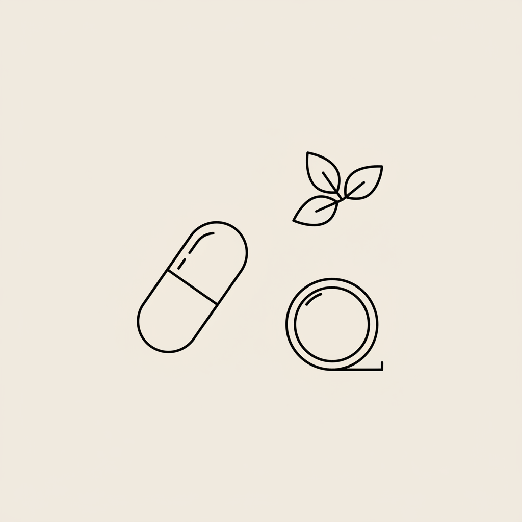 Will taking estrogen help me lose weight? Minimalist line illustration of a capsule, small leaf cluster, and a circular measuring tape on a beige background.