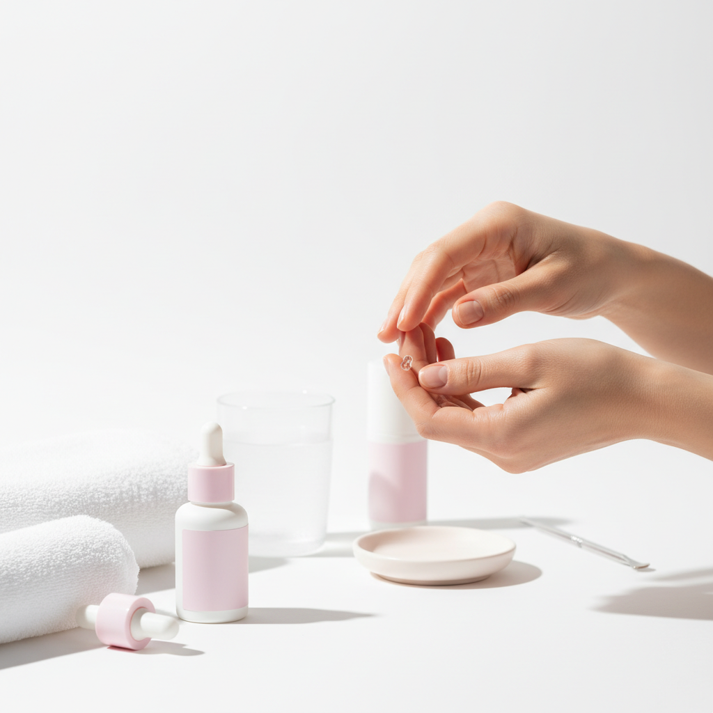 Hände massieren Nagelhautöl in die Nägel in einem minimalistischen weißen Badezimmer mit pastellfarbenen Pflegefläschchen im Hintergrund – brüchige Nägel behandeln